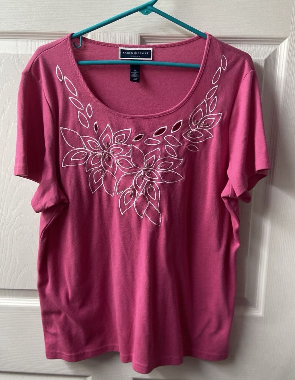 Karen Scott Knit Top Womens Plus 1X Pink Embroidered Embellished V Neck Cutouts
